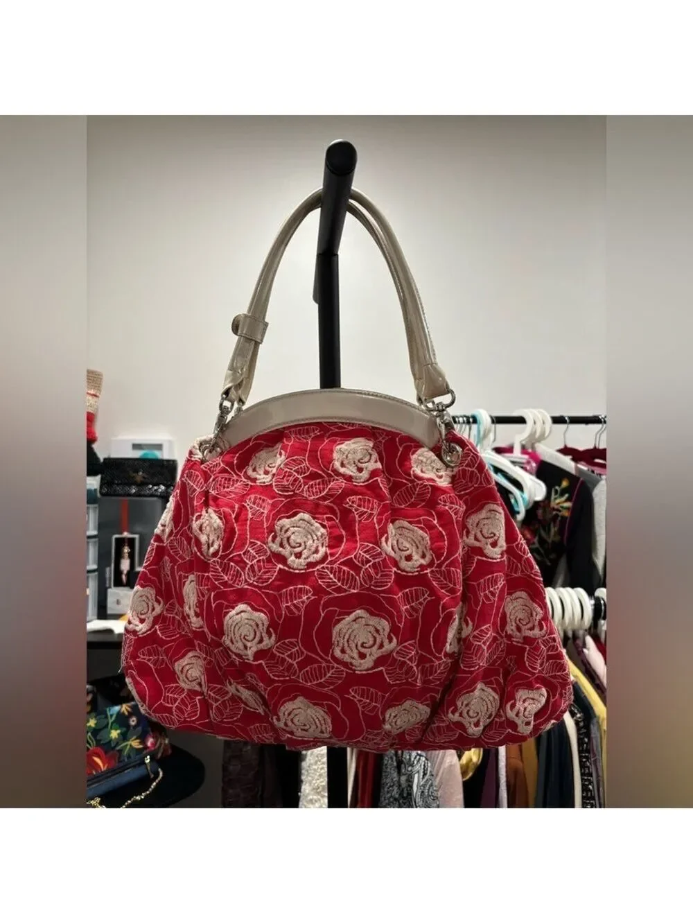 577. Beijo Red Floral Fabric With Patent Leather Trim Handbag